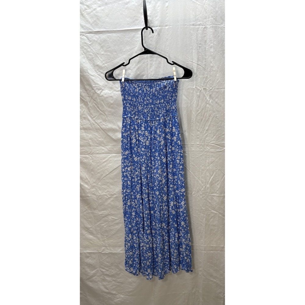 Women's Blue Floral Strapless Smocked Maxi Dress Boho Cottagecore Size S